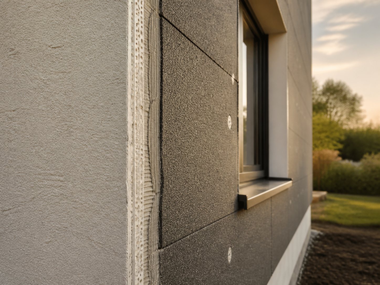 Wohnhaus mit Gerüst und neuer Fassadendämmung