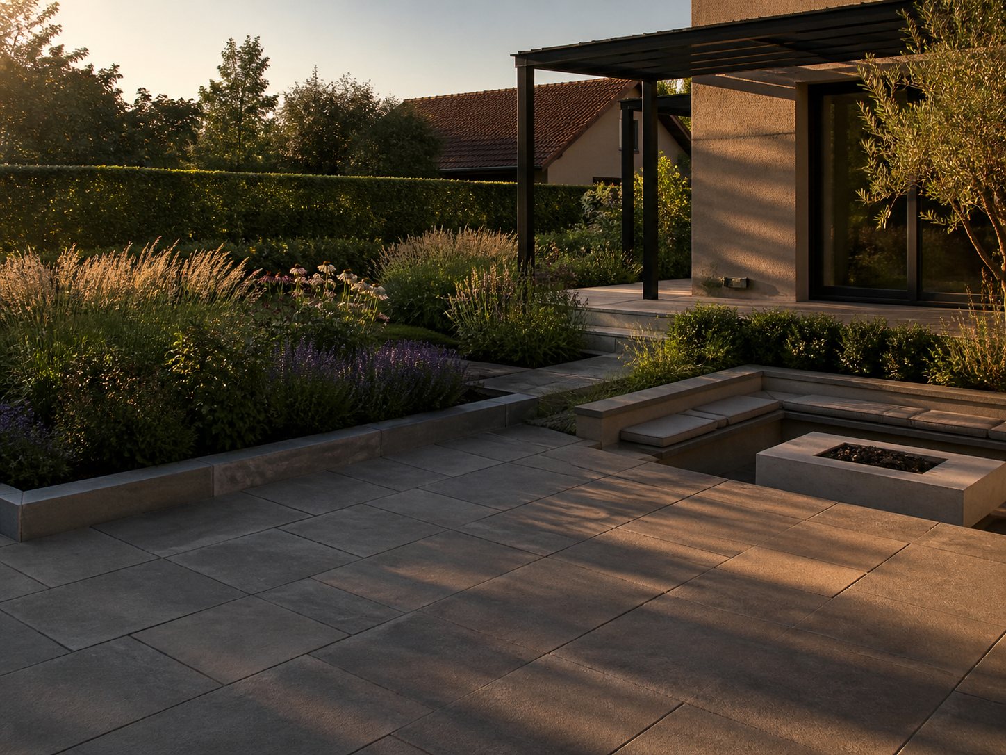 Visualisierung eines Wohngartens mit Terrasse, Pergola und Staudenbepflanzung