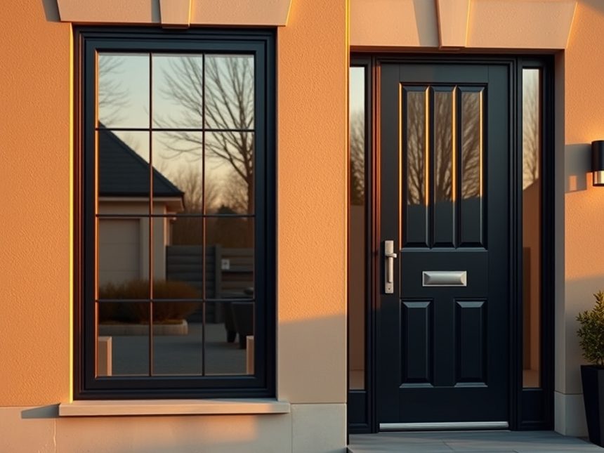 Modernes Fenster und Haust&uuml;r mit dunklem Rahmen